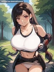 ai_generated aindroidparanoid big_breasts black_hair cameltoe curvy female female_only final_fantasy final_fantasy_vii_remake flashing_panties flirting forest gigantic_breasts huge_breasts large_breasts massive_breasts midriff narrow_waist navel open_mouth outdoors panties red_eyes skirt slim_waist squeezing_breast stable_diffusion straight_hair tank_top tifa_lockhart touching_breast voluptuous