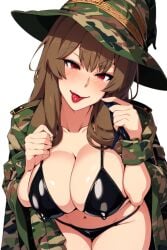 1girls ai_generated bikini brown_hair large_breasts magicman-chan magicman1410 magicwoman midriff military_uniform navel smug_face tongue_out witch witch_hat wizard_hat