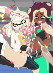 2girls b0nf1r3thelier beauty_mark bosomancer breasts breasts_out cum dark_skin female fingerless_gloves green_eyes green_nipples handjob inkling inverted_nipples marina_(splatoon) mole mole_under_mouth multiple_girls nintendo pearl_(splatoon) penis rickeyhentai splatoon splatoon_2 tentacle_hair yellow_eyes ymmot392