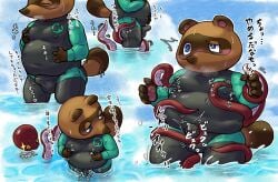 2024 absurd_res animal_crossing anthro belly blue_eyes blush bodily_fluids brown_body bulge canid canine closed_eyes cum detailed_bulge genital_fluids genital_outline handjob hi_res japanese_text kemono male mammal nintendo outside overweight overweight_male penile penis_outline raccoon_dog sakusan_kc sex solo tanuki tentacle text tom_nook_(animal_crossing) water wetsuit