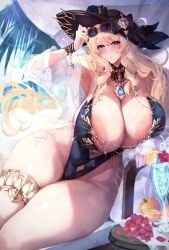 1girls alna_(mu5fal) areola_slip areolae cleavage female female_only genshin_impact gigantic_breasts huge_areolae huge_breasts human lactation lactation_without_expressing looking_at_viewer milk milk_squirt navia_(genshin_impact) revealing_clothes skimpy solo solo_female thick_thighs voluptuous wide_hips