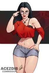 acezdib baroness_(g.i._joe) black_hair bra crop_top g.i._joe glasses jean_shorts large_breasts panties red_crop_top shorts wide_hips