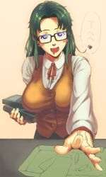 banbi1326 black_hair blue_eyes blush book breasts coin commentary_request drooling female glasses heart heart-shaped_pupils large_breasts long_hair money photoshop_(medium) reaching reaching_towards_viewer read_or_die smile solo symbol-shaped_pupils yomiko_readman