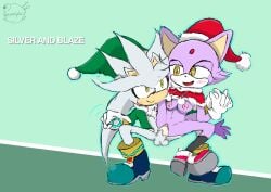 aoao1neon_(artist) blaze_the_cat blush christmas christmas_headwear christmas_outfit color cum cum_in_pussy cum_inside ejaculation elf_costume happy_sex santa_costume santa_hat silver_the_hedgehog sonic_(series) sonic_the_hedgehog_(series)