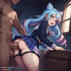 ai_generated anal anal_sex bent_over dark-skinned_male femboy femboy_focus femboysub fire_emblem fishnet_legwear fishnet_thighhighs fishnets interracial interracial_sex male_on_femboy osirix rosado_(fire_emblem) school_uniform schoolgirl_uniform skirt stable_diffusion yaoi