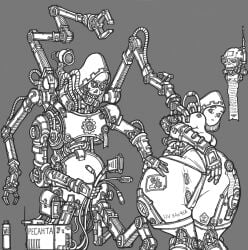 1girls adeptus_mechanicus black_and_white cybernetics female imperium_of_man russian_text servo-skull techpriest text warhammer_(franchise) warhammer_40k