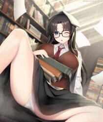 black_hair blue_eyes book bookshelf breasts female glasses highres indoors kashiwamochi_yomogi large_breasts long_hair long_sleeves looking_at_viewer necktie one_eye_closed panties paper read_or_die skirt solo sweater_vest underwear vest yomiko_readman