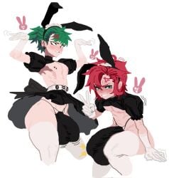 2boys 2femboys angry bulge bunny_ears eigaka femboy green_hair hyper_penis lace lace_gloves maid_dress male_only maotthat nick_(eigaka) nipple_piercing red_hair thong wardrobe_malfunction