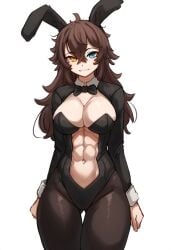 abs ai_generated boob_window bunny_ears bunnysuit cleavage exposed_torso hismajestyii novelai open_clothes original pantyhose playboy_bunny seiko_tanaka_(hismajestyii) thighs toned toned_female