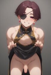 1boy 1femboy ai_generated bare_legs bare_shoulders bare_thighs bent_forward bent_over black_dress blush boob_window brown_hair china_dress china_dress_lift chinese_clothes chinese_dress cleavage cleavage_cutout cleavage_window clothes_lift crossdressing cute cute_male dress dress_lift earrings eyepatch femboy femboy_focus femboy_only floral_print grey_background grin half-closed_eyes happy hayato_suo high_collar lifted_by_self looking_at_viewer male male_focus male_only muscular_femboy pecs pectorals penis red_earrings red_eyes short_hair simple_background sleeveless sleeveless_dress small_penis smile solo solo_femboy solo_male suo_hayato tassel tassel_earrings teeth testicles trap twink wind_breaker