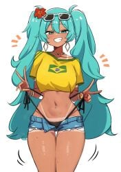 1girls ass big_ass big_thighs blush brazil brazilian brazilian_female brazilian_miku breasts butt cyan_eyes cyan_hair female female_only hatsune_miku latin_american_hatsune_miku_(meme) long_hair looking_at_viewer medium_breasts mochimooncurry nail_polish pubic_hair shirt shorts solo tagme tan tan_body tanline thick_hips thick_thighs thighs thong thong_bikini twintails vocaloid yellow_shirt