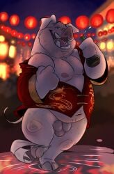 2019 alcohol anthro balls belly_overhang beverage blurred_background body_hair bottomless casual_exposure chinese_new_year chinese_zodiac clothed clothing dead_stray_bear detailed_background domestic_pig drunk facial_hair foreskin full-length_portrait genitals hairy hairy_balls hi_res holidays lamp lantern looking_at_viewer male mammal moobs narrowed_eyes night nipples open_mouth open_smile overweight overweight_male paper_lantern penis portrait pose presenting puddle smile solo substance_intoxication suid suina sus_(pig) tusks underwear_around_ankle unretracted_foreskin year_of_the_pig