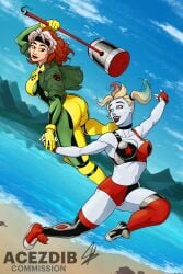 2girls acezdib batman_(series) bikini blonde_hair curvy dc dc_comics harley_quinn large_ass large_breasts latex latex_suit makeup mallet marvel marvel_comics pale_skin red_hair rogue_(x-men) shoes skintight skintight_bodysuit white_hair white_streak x-men