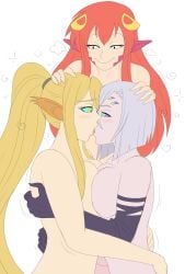 3girls big_breasts blush breast_press breasts centauress centorea_shianus female female/female female_only hugging hypnosis kaa_eyes kissing lamia lesbian lesbian_kiss long_hair miia_(monster_musume) mind_control monster_girl monster_musume_no_iru_nichijou nude plsgts rachnera_arachnera smile snake_girl spider_girl topless white_background yuri