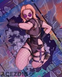 acezdib blonde_hair breaking_glass fishnets glasses gloves large_breasts muscular muscular_female original original_character shoes steam tinted_glasses wide_hips