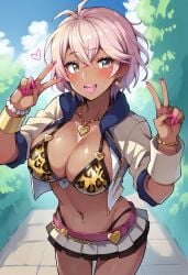 1girls ai_generated belly_piercing bernadetta_von_varley bikini bimbo blonde_hair blush boris_(noborhys)_(style) bracelets civitai earrings female female_only fire_emblem fire_emblem:_three_houses grey_eyes gyaru gyaru_gal gyarufication gyarufied high_thong kuro_gyaru large_breasts leopard_print_bikini lipstick makeup medium_hair messy_hair miniskirt necklace nintendo open_shirt pink_hair pink_nails shirt smile solo tanned_skin teenage_girl teenager thong thong_straps two_tone_hair v_sign