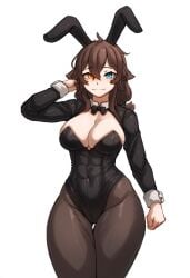 abs ai_generated bunny_ears bunnysuit cleavage clothed hismajestyii novelai original pantyhose playboy_bunny seiko_tanaka_(hismajestyii) thighs toned toned_female