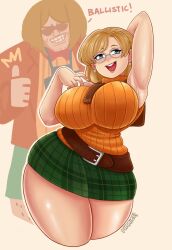 1girls arm_behind_head armpits ashley_graham ashley_graham_(brooke_elizabeth_mathieson) belt big_breasts blonde_hair blue_eyes capcom female female_only glasses looking_at_viewer pummies resident_evil resident_evil_4 skirt sleeveless_sweater smiling smiling_at_viewer solo sweaty_armpits thick_thighs wide_hips