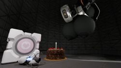 3d_(artwork) areolae azul_uwu big_breasts blender_(software) cake companion_cube female female_focus glados hi_res huge_breasts hyper_breasts nipples portal_(series) portal_2 portal_gun robot valve