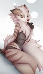 anthro bluush breasts canid canine canis clothing female fluffy hi_res lingerie looking_at_viewer mammal panties solo translucent translucent_clothing translucent_panties translucent_topwear translucent_underwear underwear wolf