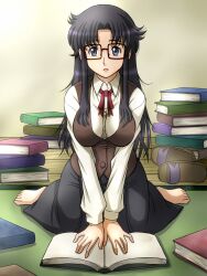 barefoot black_hair blue_eyes book breasts commentary_request female fujii_satoshi full_body glasses large_breasts long_hair long_skirt open_mouth read_or_die sitting skirt solo v_arms vest wariza yomiko_readman