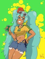 1girls blue_eyes blue_hair brazil brazilian brazilian_female brazilian_flag brazilian_miku hatnshades hatsune_miku light_blue_eyes light_blue_hair pale_blue_eyes smile smiling smiling_at_viewer soda_can tan_body tanline thong tin_can vocaloid