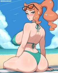 1girls aqua_eyes ass bikini breasts dat_ass female hi_res huge_ass large_breasts light-skinned_female light_skin long_hair mereoleonart nintendo orange_hair pokemon pokemon_ss side_ponytail sonia_(pokemon)