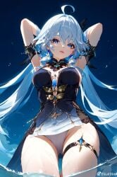 absurd_res ahoge ai_generated arms_behind_head arms_up bangs breasts closed_mouth dress female from_below furina_(genshin_impact) genshin_impact lips looking_at_viewer looking_down medium_breasts ministro panties solo thigh_strap thighs twintails underwear wet