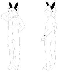 almost_naked cute_expression cute_male embarassed_male embarrassed fluffy_hair full_body jeremy_fitzgerald jeremy_fitzgerald_(fnaf) jeremy_fitzgerald_(rebornica) messy_hair one_person only_male playboy_bunny playboy_bunny_ears posing pubes pubic_hair rebornica white_cuffs