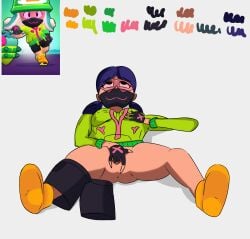 anus anyalopa black_eyes blue_hair brawl_stars colored female fingers_in_pussy girls_only glasses gloves green_clothing hand_on_pussy highres jacky_(brawl_stars) lies mask masturbating masturbation pussy redraw tinted_eyewear