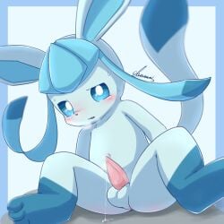 anthro balls blue_body blue_border blue_eyes blue_fur blush bodily_fluids border dripping eeveelution fur generation_4_pokemon genital_fluids genitals glaceon hi_res lakryu leg_markings male male_anthro markings nintendo outside_border penis pokemon pokemon_(species) precum precum_drip signature socks_(marking) tapering_penis