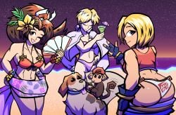 3girls abs beach big_ass big_breasts big_breasts big_butt bikini blonde_hair blue_mary breasts brown_eyes brown_hair butt_crack drink exposed_ass female gloves hair_ornament hand_on_hip king_(snk) king_of_fighters light-skinned_female light_skin long_hair mai_shiranui night pale_skin pants pants_down red_tank_top sand sea seaside self_exposure short_hair tank_top water