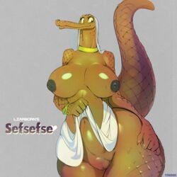 2d anthro bracelet breasts crocodilian female gharial highres huge_breasts jewelry large_breasts nipples non-mammal_breasts pussy reptile scalie scalie_female scalie_only sefsefse smile solo tinder tiny_head wide_hips