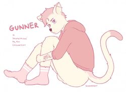 2017 anthro balls barely_visible_genitalia blue_eyes bottomless buurgerboy clothed clothing dipstick_tail ear_piercing english_text feline girly gunner_(buurgerboy) hoodie legwear male male_only mammal multicolored_tail piercing restricted_palette simple_background socks solo subtle_penis tattoo text white_background