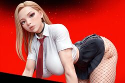 1girls 3d 3d_(artwork) absurd_res absurdres ai ai_generated bent_over big_ass big_breasts blonde_hair breasts busty button_down_shirt female fishnets hd hi_res high_resolution highres long_hair pleated_skirt radnsad sindy(oc) solo solo_female solo_focus thick_ass thick_thighs tie wallpaper