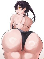1girls 2d 2d_(artwork) artist_name ass ass_focus backboob bangs bare_arms bare_back bare_shoulders bikini black_bikini black_hair breasts commentary_request dark_hair en'en_no_shouboutai enen_no_shouboutai female fire_force from_behind from_below fukuya_art gradient_background grey_background hair_between_eyes halterneck highres kotatsu_tamaki light-skinned_female light_skin long_hair looking_at_viewer looking_back looking_down medium_breasts medium_hair open_mouth orange_eyes pale-skinned_female pale_skin profile revision smile solo standing straight_hair swimsuit teeth thigh_gap twintails upper_teeth_only v-shaped_eyebrows white_background wide_hips yellow_eyes