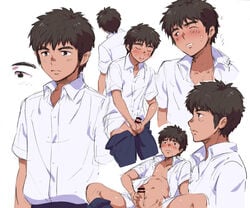 1boy bar_censor black_hair blush censored character_sheet closed_eyes male male_masturbation masturbation one_eye_closed open_collar original pants_around_one_leg pants_pull penis pointless_censoring school_uniform sitting spread_legs sweat tan toriharara two-handed_masturbation