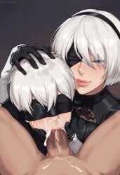 1boy 1femboy 1girls 2boys :>= ai_generated balls big_penis black_blindfold blindfold blush clothed_female clothed_femboy clothed_femboy_nude_male coaching coaching_(sexual) cum cum_drip cum_dripping cum_dripping_from_mouth cum_dripping_from_nose cum_in_mouth dark-skinned_male dark_skin deepthroat erect_penis erection fellatio fellatio_face female female_supporting_yaoi femdom hand_on_another's_head hand_on_head leather male nier:_automata nier_(series) nude_male oral oral_sex penis sex sex_education sexual_coaching simple_background source_request testicles twink white_hair yaoi yorha_2b yorha_9s