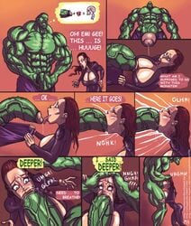 1boy 1girls avengers bimbo black_widow_(marvel) bodysuit breasts_bigger_than_head broken_jaw choking clothed_female_nude_male comic deepthroat female gag gagging green-skinned_male green_eyes green_skin head_grab hulk hulk_(series) human imminent_deepthroat impossible_fit it'll_never_fit light-skinned_female light_skin male marvel marvel_comics mnogobatko natasha_romanoff oral red_hair red_lipstick s.h.i.e.l.d. straight tagme throat_barrier throat_bulge throat_fuck throat_penetration veiny_penis