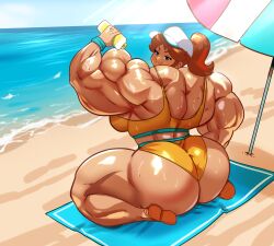 1girls beach beach_towel big_ass big_breasts big_butt breasts buff extreme_muscles female female_only hat huge_muscles human human_only looking_at_viewer mammal mario_(series) mario_kart mario_kart_world mature mature_female muscles muscular muscular_arms muscular_back muscular_female nintendo outdoors princess princess_daisy princess_daisy_(swimwear) royalty schnauzercito smiling smiling_at_viewer sunscreen