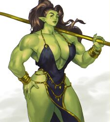 1girls big_breasts black_dress bracelets breasts brown-haired_female brown_hair cleavage clothed clothed_female clothing dark_hair dress female female_focus female_only gold_bracelets green-skinned_female green_eyes green_lips green_skin hand_on_hip hips huge_breasts long_hair looking_at_viewer mihaildava muscle_mommy muscles muscular muscular_female orc orc_female pointy_ears scar solo solo_female spear strong_female thick_thighs thighs voluptuous wide_hips world_of_warcraft