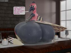anthro anthro_only ass_bigger_than_head ass_bigger_than_torso bird enormous_ass enormous_butt female furry furry_only greg_(artist) hips hyper hyper_ass hyper_butt massive_ass massive_butt musk musk_clouds oc original_character peacock rimming_request ruby_(greg) solo solo_female sweat sweaty_ass sweaty_butt table thanksgiving thicc thick_thighs