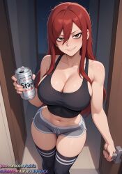 2025 ai ai_art ai_generated big_breasts breasts cleavage color colored dolphin_shorts erza_scarlet fairy_tail female large_boobs osirix red_hair self_upload short_shorts shorts stable_diffusion thighhighs