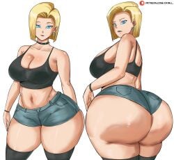 1girls absurd_res android_18 blonde_hair breasts dragon_ball dragon_ball_z female female_focus female_only hi_res large_breasts light-skinned_female light_skin looking_at_viewer mature_female panarandom solo thick_thighs thighhighs thighs white_background wide_hips