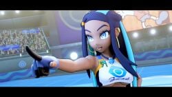 1girls 3d amateurthrowaway animated bent_over black_hair blue_eyes blue_hair bouncing_breasts breasts clothing crop_top dark-skinned_bottom dark-skinned_female dark_skin defeated drednaw earrings female gloves gym_badge_(pokemon) human interracial light-skinned_male light-skinned_top light_skin longer_than_10_seconds longer_than_30_seconds longer_than_one_minute lost_bet male nessa_(pokemon) nintendo one_leg_up penis pokemon pokemon_ss pulling_down_pants pussy shorts sound splits sportswear standing_on_one_leg standing_sex standing_split tagme two-tone_hair underboob vaginal_penetration video