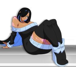 big_breasts black_and_blue_hair black_sweater blue_eye breasts chilling curvy_figure dark-skinned_female dark_skin digital_drawing_(artwork) fashion female female_focus female_only grace_(mg231101778) hair_covering_eye happy_female long_socks m.grace mg231101778 original_character scars sitting sweater thighhighs twitter_link two_tone_hair