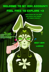 bon_luckie_(oc) bunny_boy bunny_ears bunny_nose cum cum_in_mouth cum_squirt cum_stain cute_face dick femboy green_body green_eyes green_hair leotard male mrtechnical oc