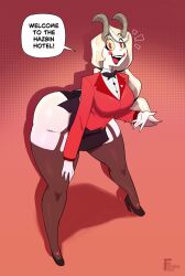 ass big_ass breasts busty charlie_morningstar_(hazbin_hotel) curvy cute demon demon_girl demon_horns female female_focus female_only furiousart happy hazbin_hotel horn horns huge_ass leggings solo solo_female solo_focus tail thick_legs thick_thighs wide_hips