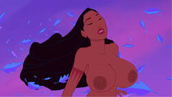 1girls accurate_art_style big_breasts black_hair dark-skinned_female dark_skin disney disney_princess edit female female_only large_breasts leaves long_hair native_american nipples nude pocahontas pocahontas_(character) poivoit screenshot screenshot_edit smile solo windy