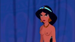 aladdin black_hair breasts brown_eyes dark-skinned_female dark_skin disney disney_princess earrings edit female lipstick long_hair necklace nipples poivoit princess princess_jasmine screenshot screenshot_edit topless